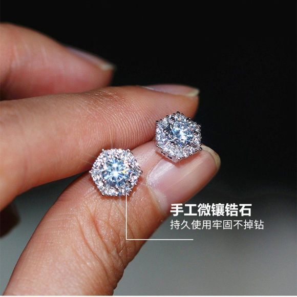 Unisex 2 CT 925 Sterling Silver Diamond Hexagon Pierced Stud Earrings - Picture 4 of 9